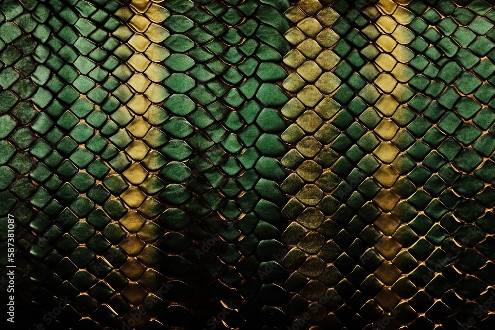 Poster a snake skin pattern with a green and yellow stripe in the middle of it's skin and a black backgroun