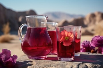  a pitcher and two glasses filled with liquid on a rock with purple flowers in the foreground and a mountain range in the background with rocks.  generative ai