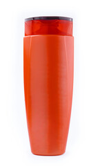 Red plastic bottle with shampoo gel on white background