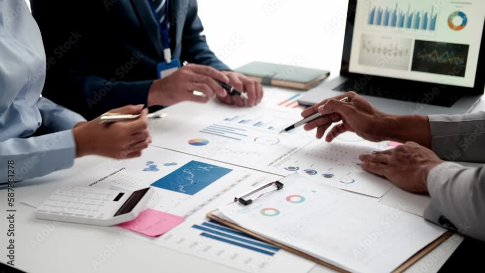 Poster business team meeting to conference, collaboration discussing working analyzing with financial data 