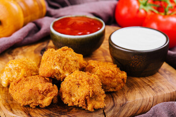 Tasty traditional chicken nuggets closeup and vegetables