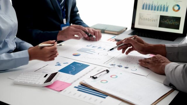 Business team meeting to conference, collaboration discussing working analyzing with financial data and marketing business strategy project, presentation and brainstorming to making profit of company