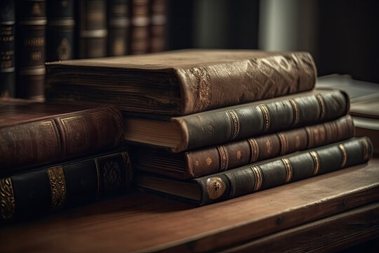 Banner or header image with stack of antique leather books in library. literature or reading concept, generative AI