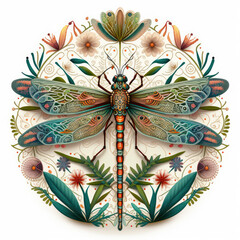 Colorful detailed dragonfly mandala art on a white background. Created with Generative AI technology.