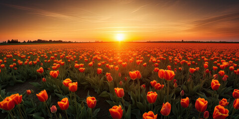 Fototapeta na wymiar view of a beautiful panoramic tulip field, generative AI