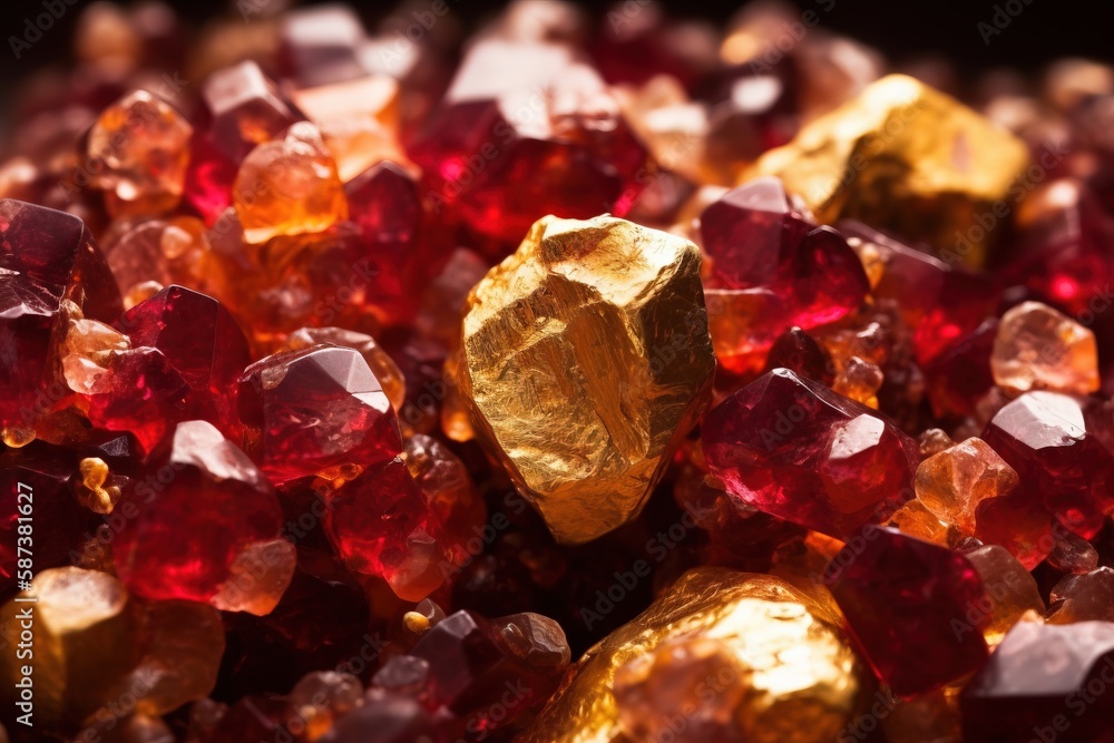 Poster a pile of gold and red crystals on a black background with a black background and a gold nugget in t
