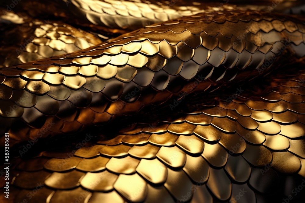 Poster a close up of a gold snake skin pattern on a black background with gold circles and circles on the s