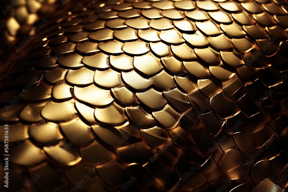 Poster a close up view of a shiny gold snake skin pattern on a table top, with the light reflecting off of 