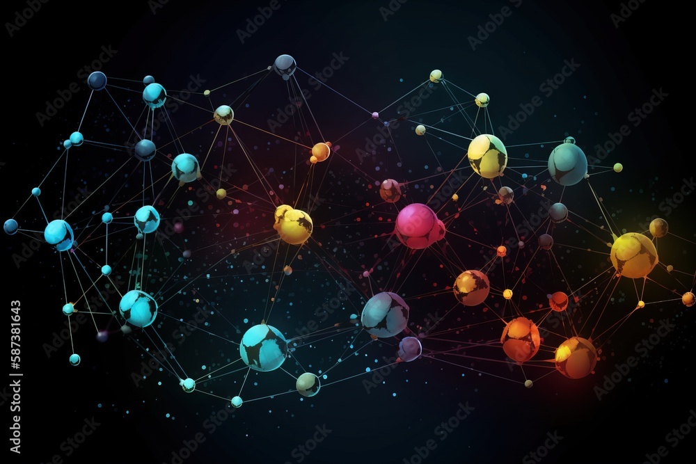 Poster  an abstract image of a network of colorful balls and lines on a black background with a black background and a red and blue dotted line with dots.  generative ai