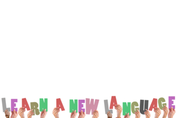 Hands holding multi colored words