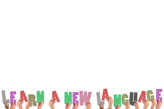Hands holding multi colored words