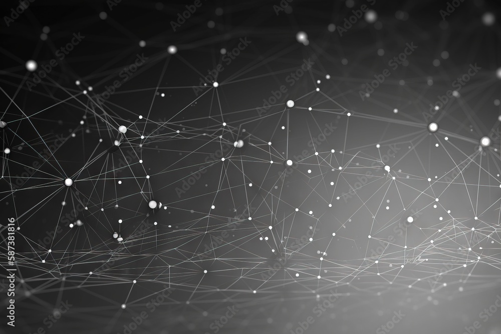 Poster a black and white photo of a network of dots and lines on a gray background with a black background 