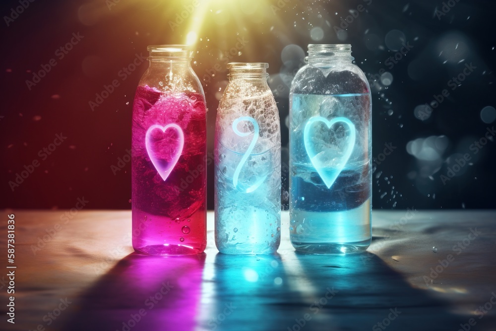 Poster three glass bottles with liquid in the shape of hearts on a wooden table with a bright light coming 