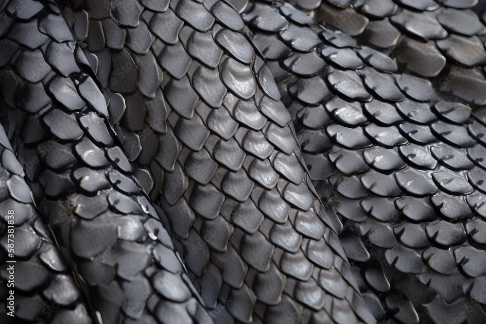 Poster a close up of a snake skin pattern on a surface of black and white colors, with a few circles on the