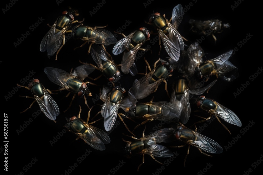 Poster  a group of flies sitting on top of each other on a black background with a black background behind them and a black background behind them.  generative ai