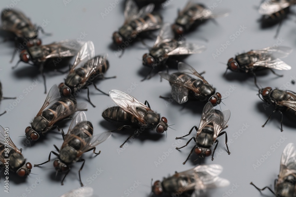 Poster a group of flies sitting on top of a table next to each other on a gray surface with one flying away