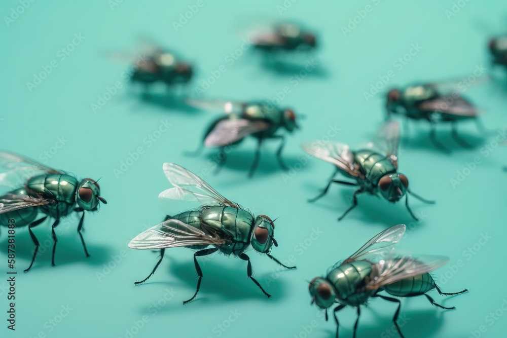 Poster a group of flies sitting on top of a blue table next to a green background with a few smaller flies 