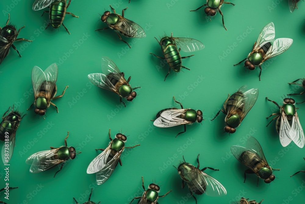 Poster a group of green and yellow flies on a green background with a green background behind them and a gr