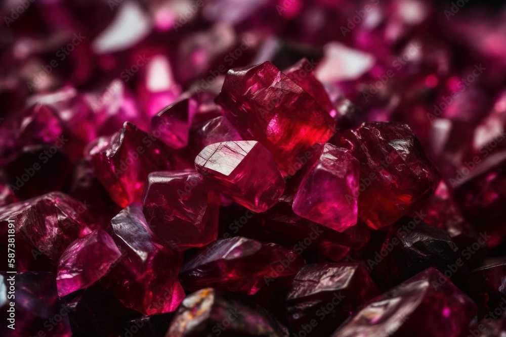 Poster a pile of red crystals sitting on top of a table next to a black table top with a white sign on it t