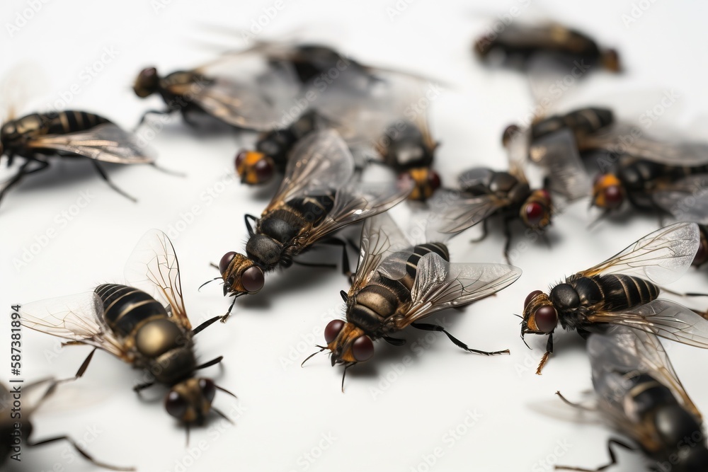 Poster a group of flies sitting on top of a white table next to a white wall with a red spot on the bottom 