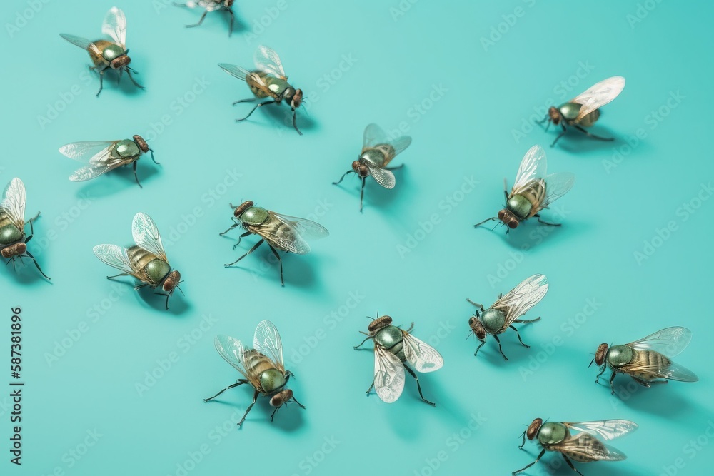 Poster a group of flies sitting on top of a blue surface next to a green background with a few smaller flie