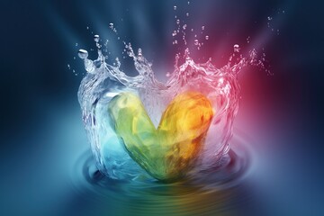  a colorful heart shaped water splash with a blue background and a red, yellow, and green heart in the middle of the water with a splash.  generative ai