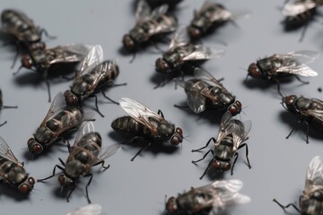  a group of flies sitting on top of a table next to each other on a gray surface with one flying away from the camera and the other flying away.  generative ai