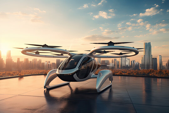 Future Of Urban Air Mobility, City Air Taxi, UAM Urban Air Mobility, Public Aerial Transportation, Passenger Autonomous Aerial Vehicle AAV In Futuristic City, Generative AI