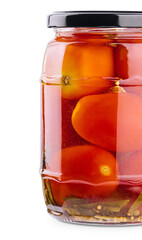 Pickled tomatoes in glass jar on white background