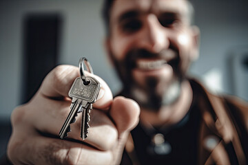 Generative AI Illustration of a smiling man holding in his hand the keys to his new home. Concept about real estate property mortgages and house purchase