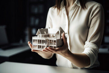 Generative Illustration AI crop of a person holding a model of their new house in their hands. Concept about building a home and buying a house