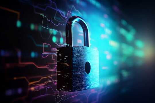 Impressive digital artwork featuring a padlock in sharp detail against a backdrop of glowing binary code, symbolizing the crucial role of secure digital transactions.  generative AI digital illustrati