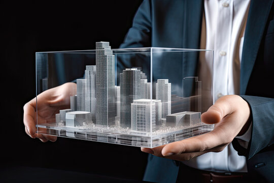 Generative Illustration AI crop of a businessman holding a sustainable city mockup in his hands