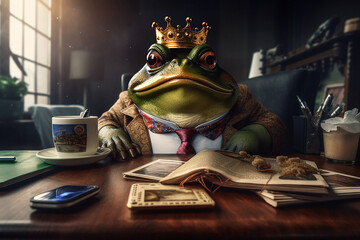 Angry fat boss working with documents at office desk. Generative AI.