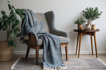 Contemporary boho cozy living room nook. Gray antique armchair, blue cushion, blanket, table with green plant in pot, hardwood floor, on light wall backdrop, copy space, mockup, nobody. Generative AI