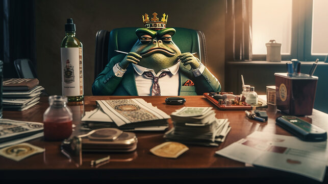 Serious company boss- frog with a king's crown smoking behind luxury workdesk. Generative AI.