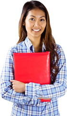 Fototapeta premium Smiling asian woman holding red book