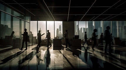 AI Generative Illustration of silhouettes of various people moving inside an office