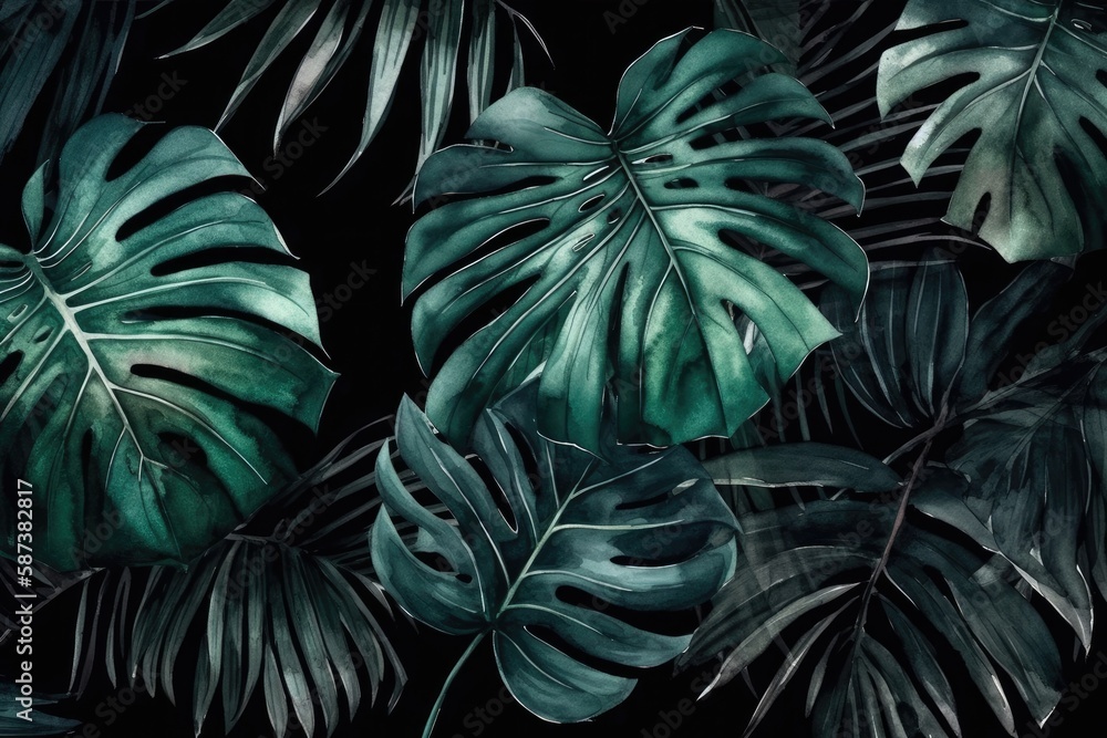 Canvas Prints green leaves on a black background. Generative AI