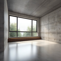 Fototapeta na wymiar Interior of empty room with concrete walls, concrete floor and large window, Generative AI
