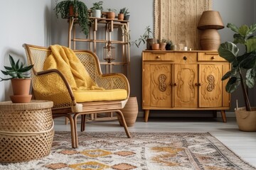 Boho chic living room with rattan chest of drawers and rocking chair on white and yellow jute carpet. Bohemian farmhouse decor,. Generative AI