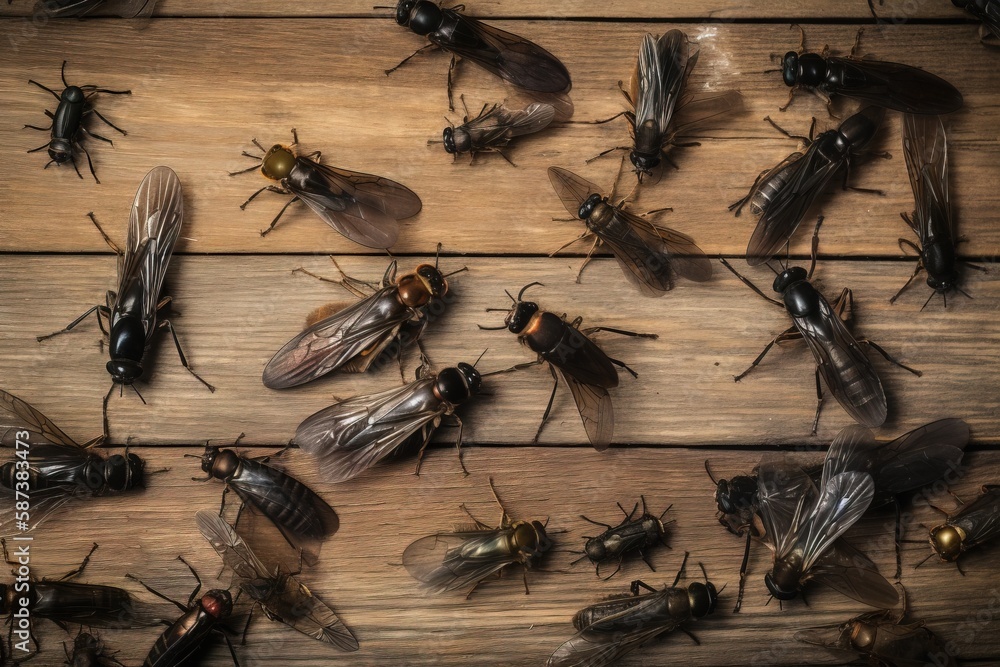 Poster a group of flies sitting on top of a wooden table next to each other on a wooden surface with one of