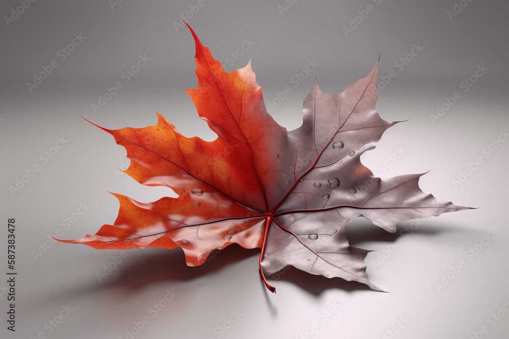 Aufkleber a red and white maple leaf on a gray background with water droplets on it's leaves and a drop of wat