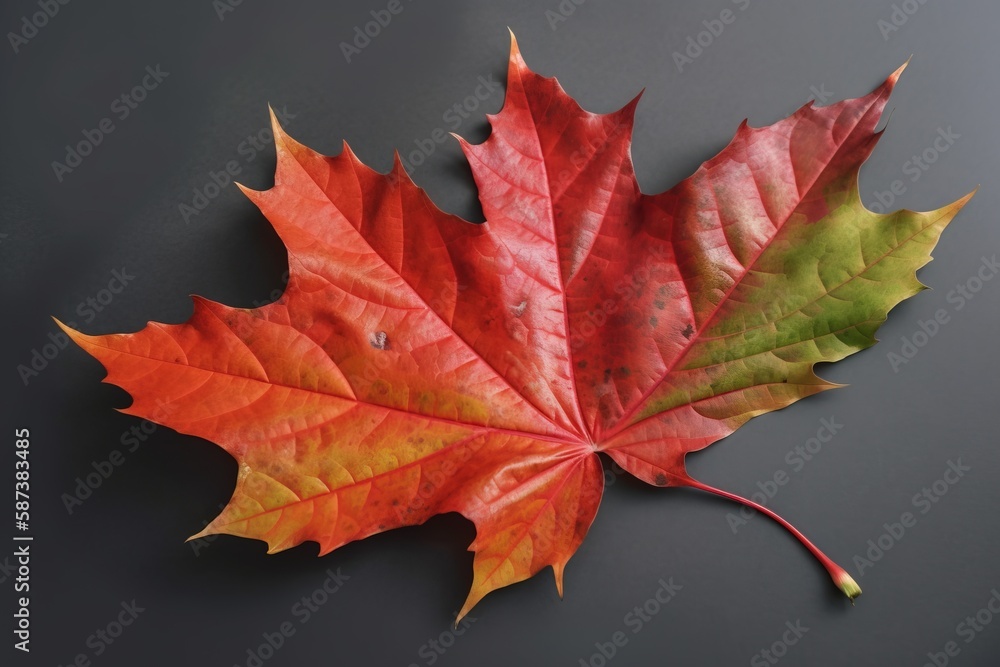 Poster a red and green leaf laying on top of a gray surface with other leaves around it on the surface of t