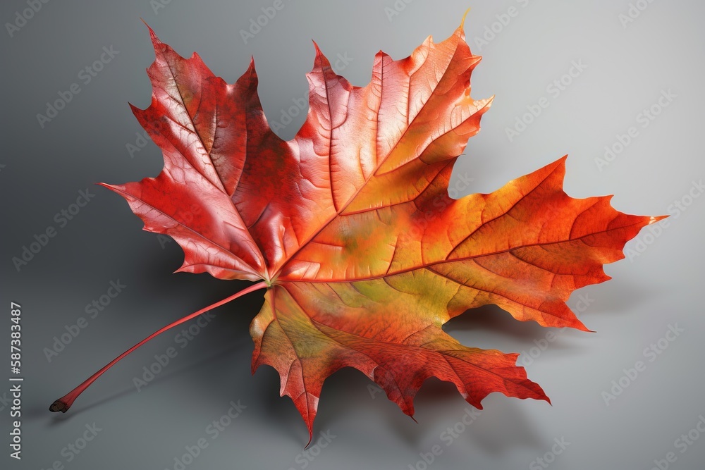 Poster a red and yellow leaf laying on a gray surface with a shadow of the leaf on the ground behind it and