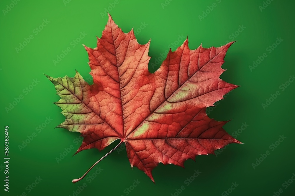 Poster a red and green maple leaf on a green background with space for a text or a picture to put on a card