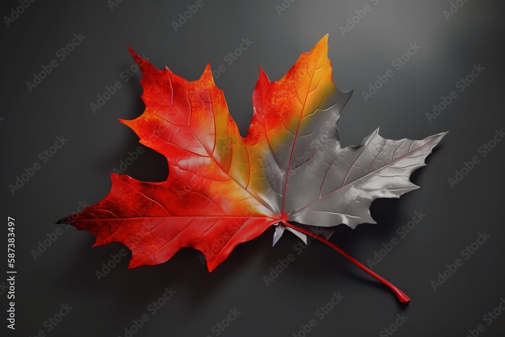 Poster a red and yellow maple leaf on a black background with a red stem and a white center leaf on the tip