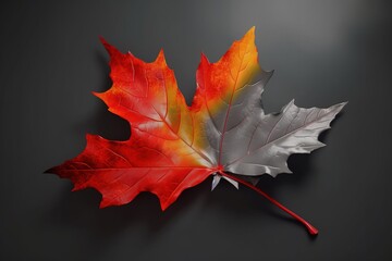  a red and yellow maple leaf on a black background with a red stem and a white center leaf on the tip of the maple leaf.  generative ai