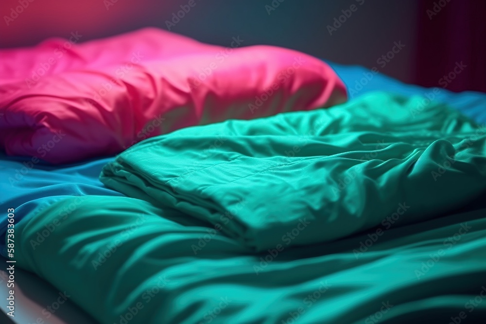 Poster  a bed with a blanket and pillows on top of it and a pillow on the bottom of the bed with a pillow on top of it.  generative ai