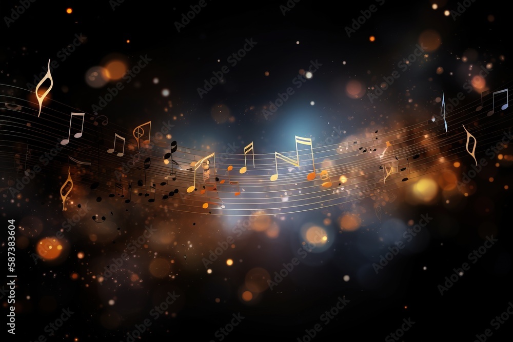 Aufkleber a music note with musical notes on a black background with boke of light and stars in the background